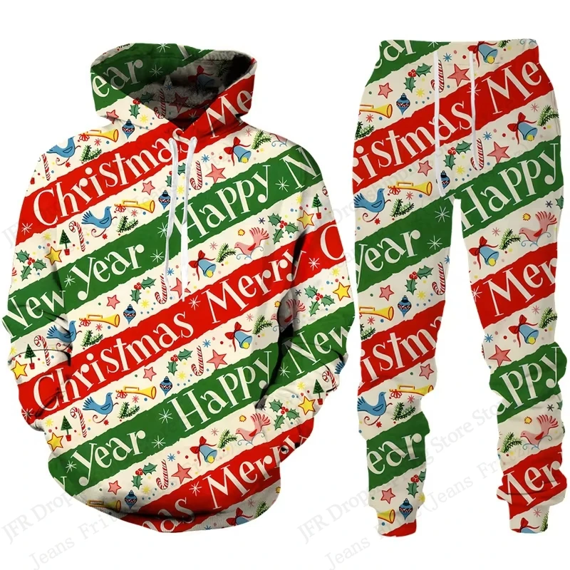 Funny Santa Claus Print Men's Hoodies Suit 3D Christmas Snowman Pattern Breathable  Sweatshirt + Sweatpants 2-piece Set Clothing
