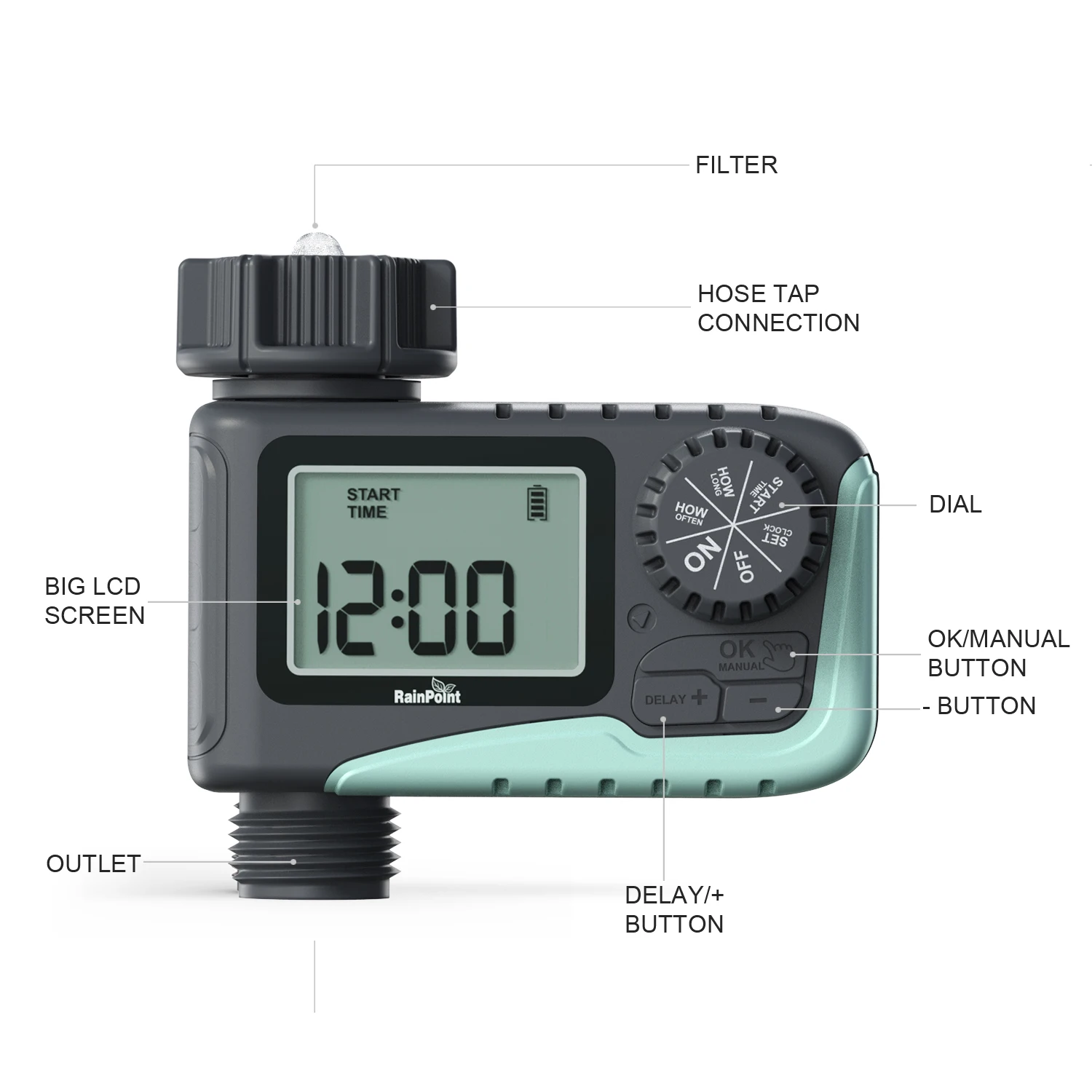 RAINPOINT Sprinkler Timer, Programmable Water Timer for Garden Hose, Outdoor Soaker Hose Timed with Rain Delay/Manual/Automatic Watering System, Digital Irrigation for Yard, Lawn, 1 Outlet