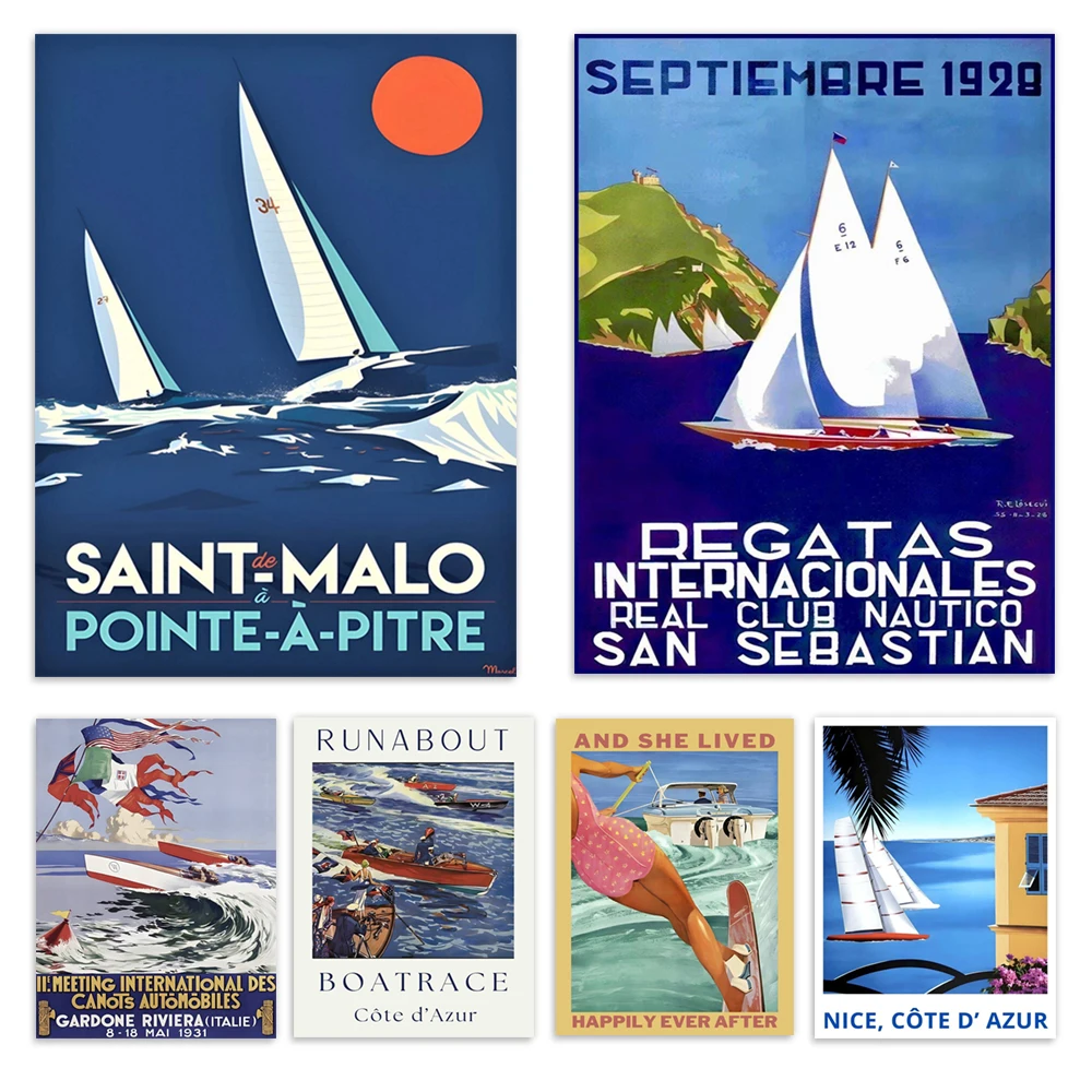 Women's water skiing, Cuban sailing, international regattas, yachting, Guadeloupe, South of France art, Venice regatta poster