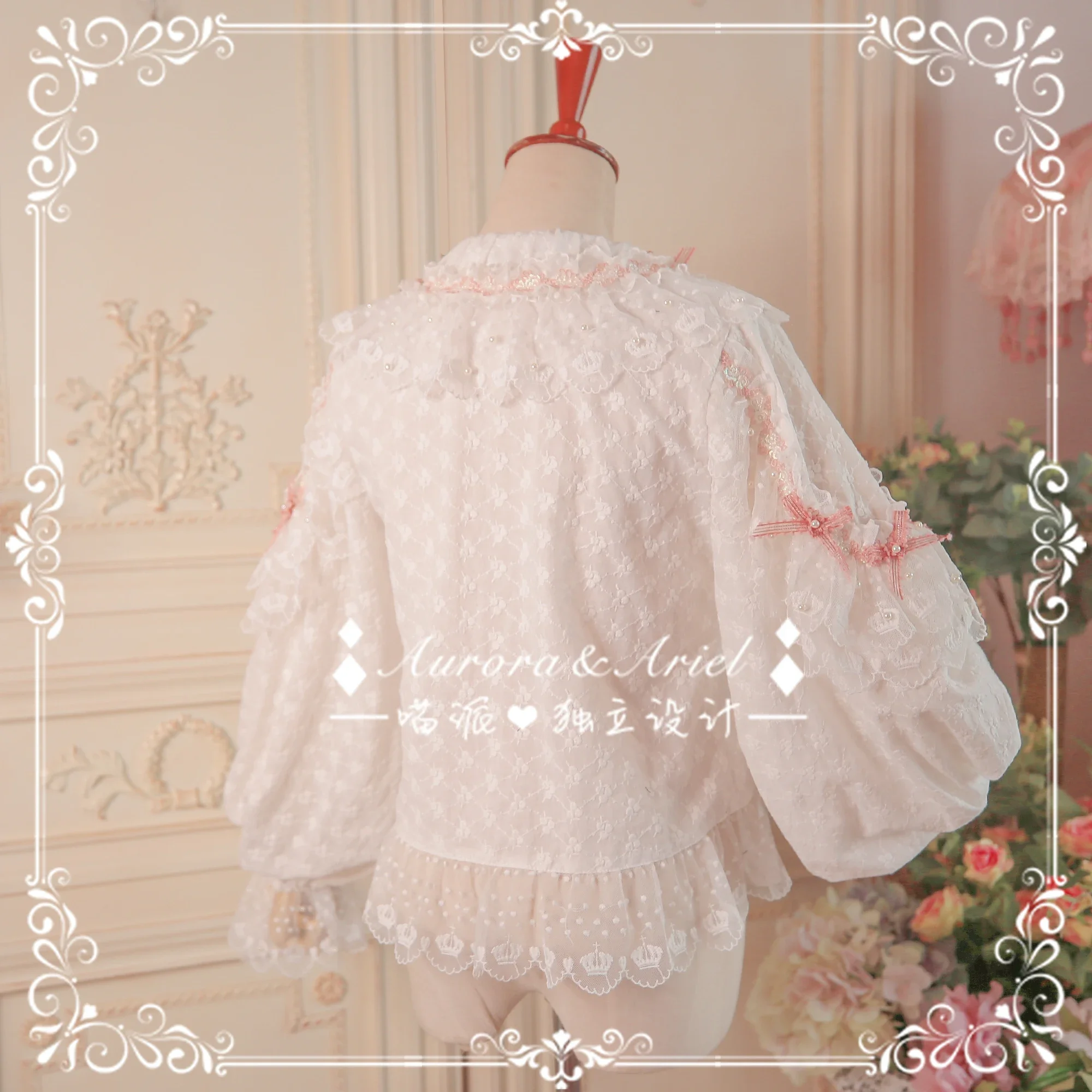 Lolita Jirai Kei Bubble Pearls Cotton Embroidered Shirts for Women 2024 Fall New Kawaii Long Sleeve Lace Beads Bow Blouse Woman