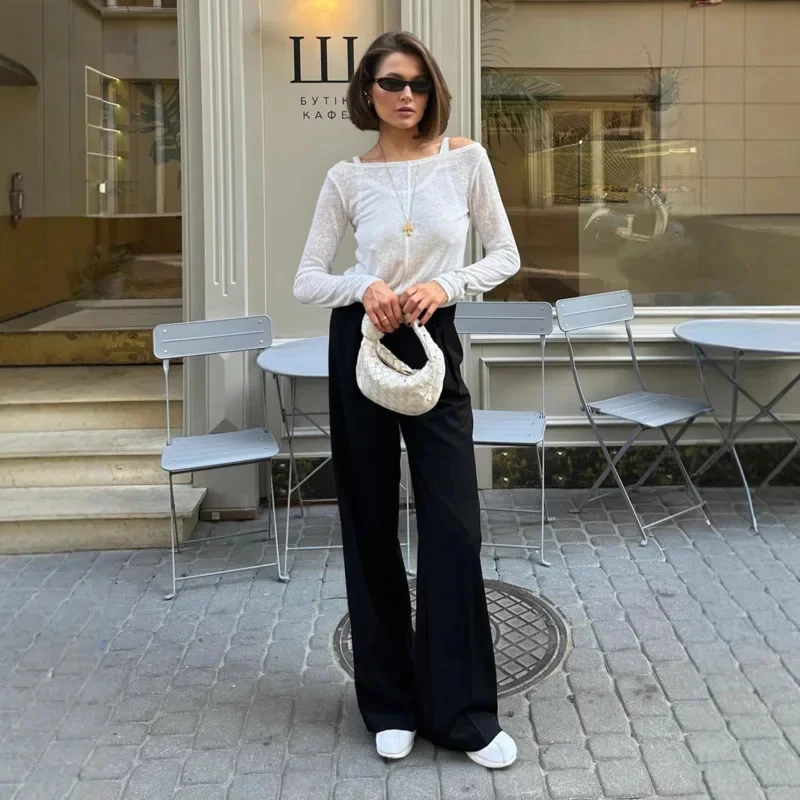 Off-Shoulder White Long-Sleeve T-Shirt Vest 2 Piece Set Spring Summer Comfortable Slim-Fit Semi-Sheer T-Shirt Fashion Women Top