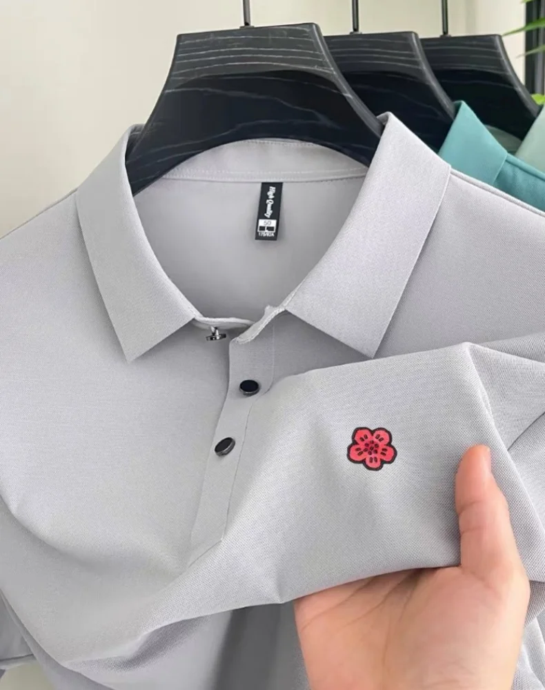 

New high-end brand men's polo shirt summer fashion original flower embroidery lapel short sleeved ice silk breathable sports top