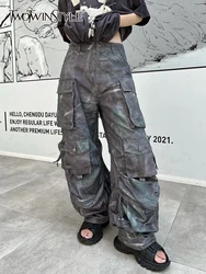 TWOTWINSTYLE Loose Wide Leg Pants For Women High Waist Patchwork Pockets Camouflage Streetwear Trousers Female Clothing New 2024