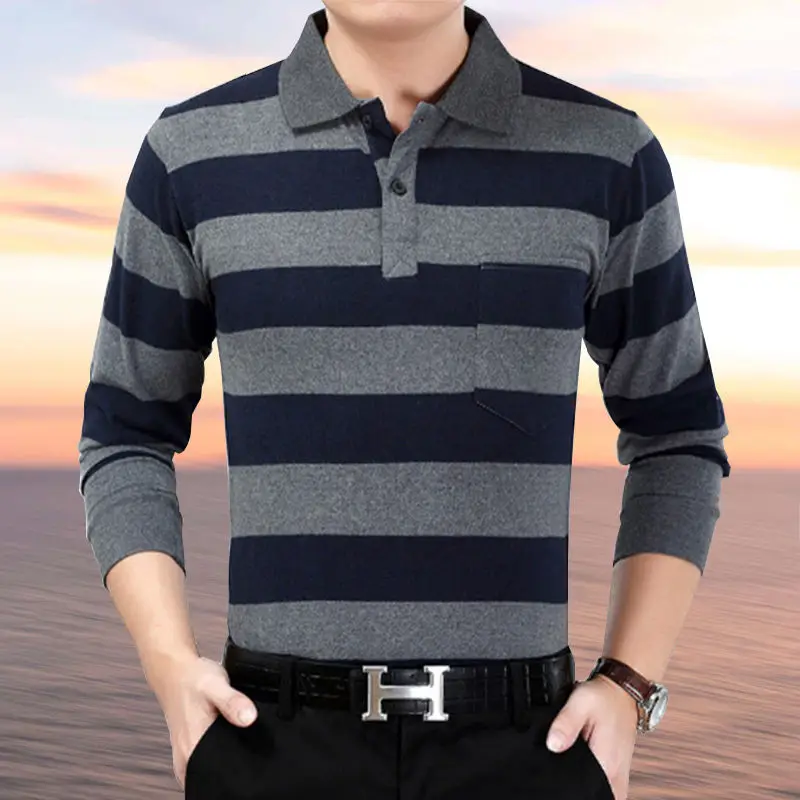 Spring Summer T Shirt for Men Cotton V-Neck Long Sleeve Pockets Comfortable Casual Striped Pullover Formal Clothes