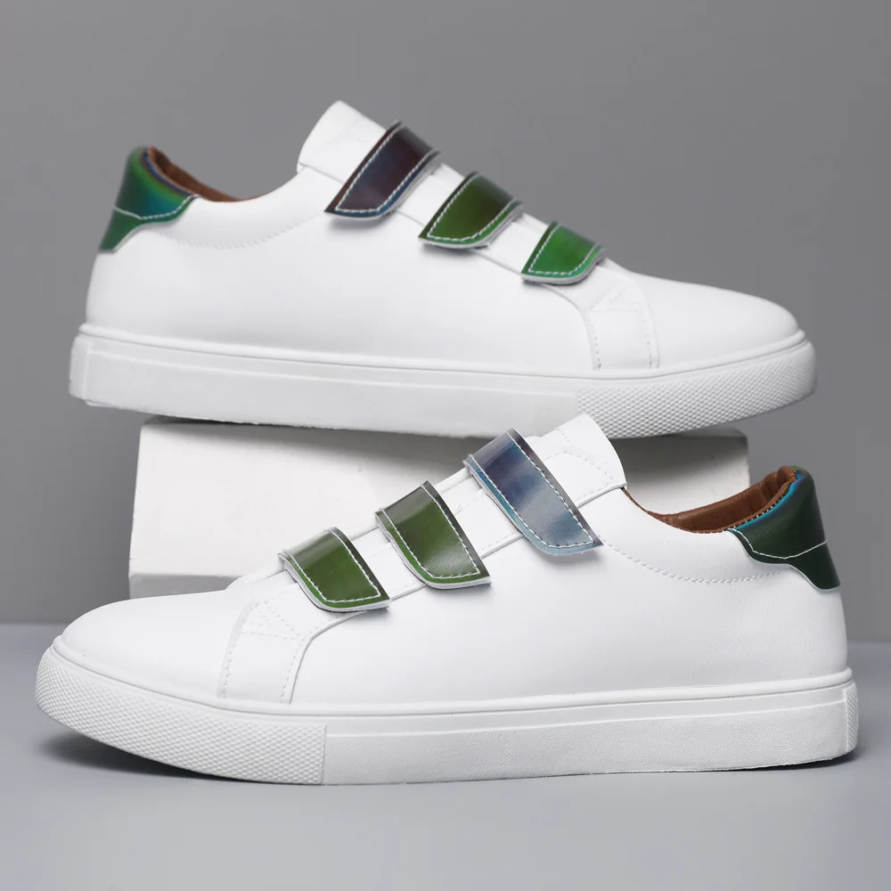 Zapatos blancos Para Hombre, zapatos informales de cuero Pu Para Hombre, mocasines con gancho y bucle, zapatos de Skateboard a la moda, zapatillas planas Para Hombre, Tenis Para Hombre