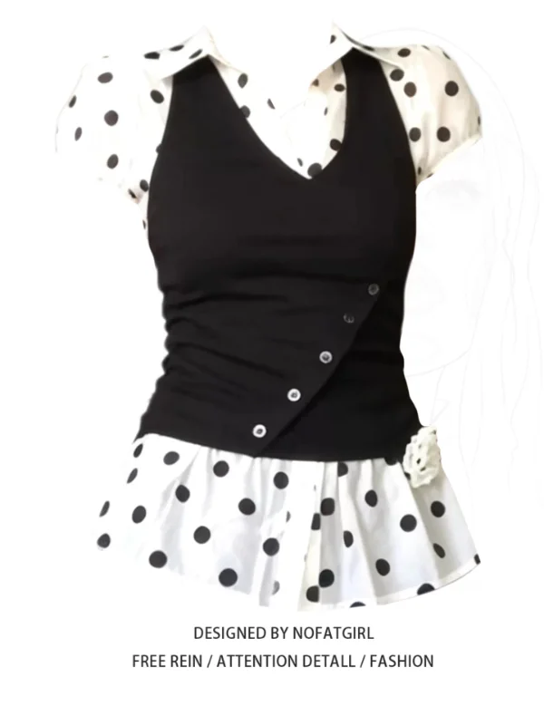 

plus Size Women's Polka Dot Shirt And Vest Set Casual Slimming Summer Fashion Ensemble Short Sleeve Neck Commute Style