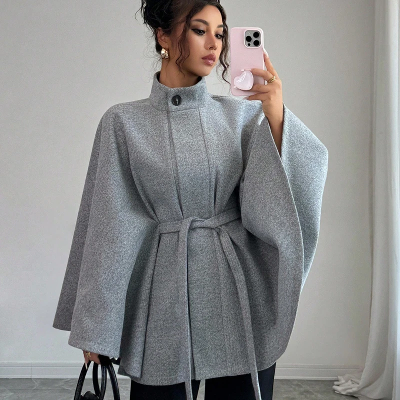 Women's Belted Wool Cape Coat High Neck Stand Collar Batwing Sleeve Loose Fit Winter Warm Poncho Outerwear 2026
