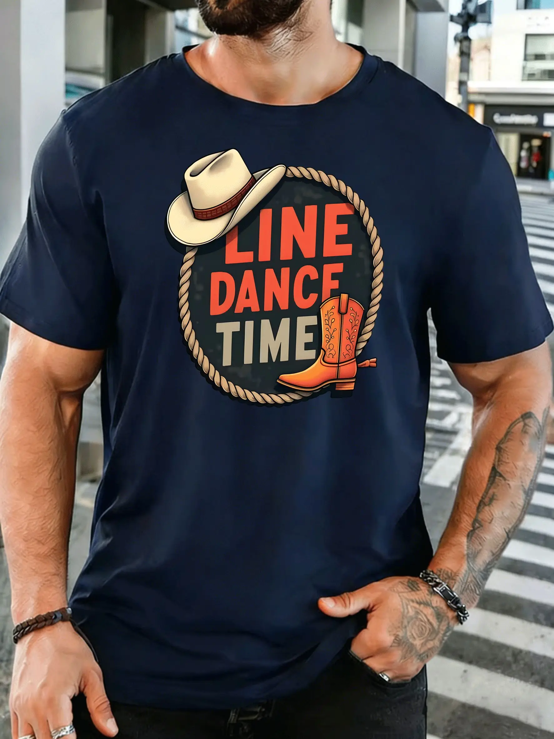 Line Dance Time Cowboy Hat And Boots Mens Front Print T Shirt Western Country Graphic Tee Casual Short Sleeve Top Dancer Gift