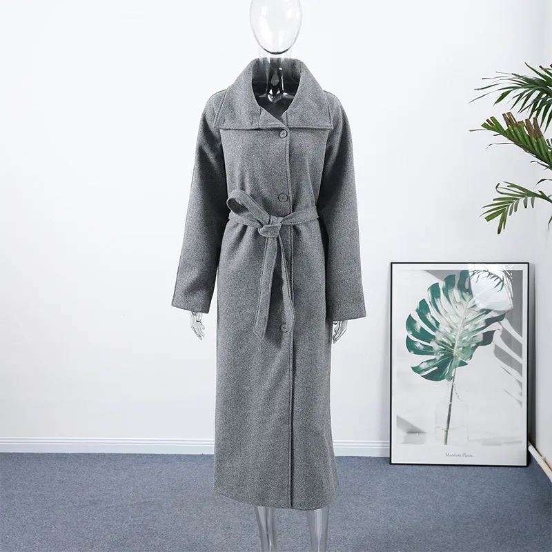 

2025 Autumn/Winter New Women's Commuting Versatile Stand Collar Strap Waist Woolen Long Coat