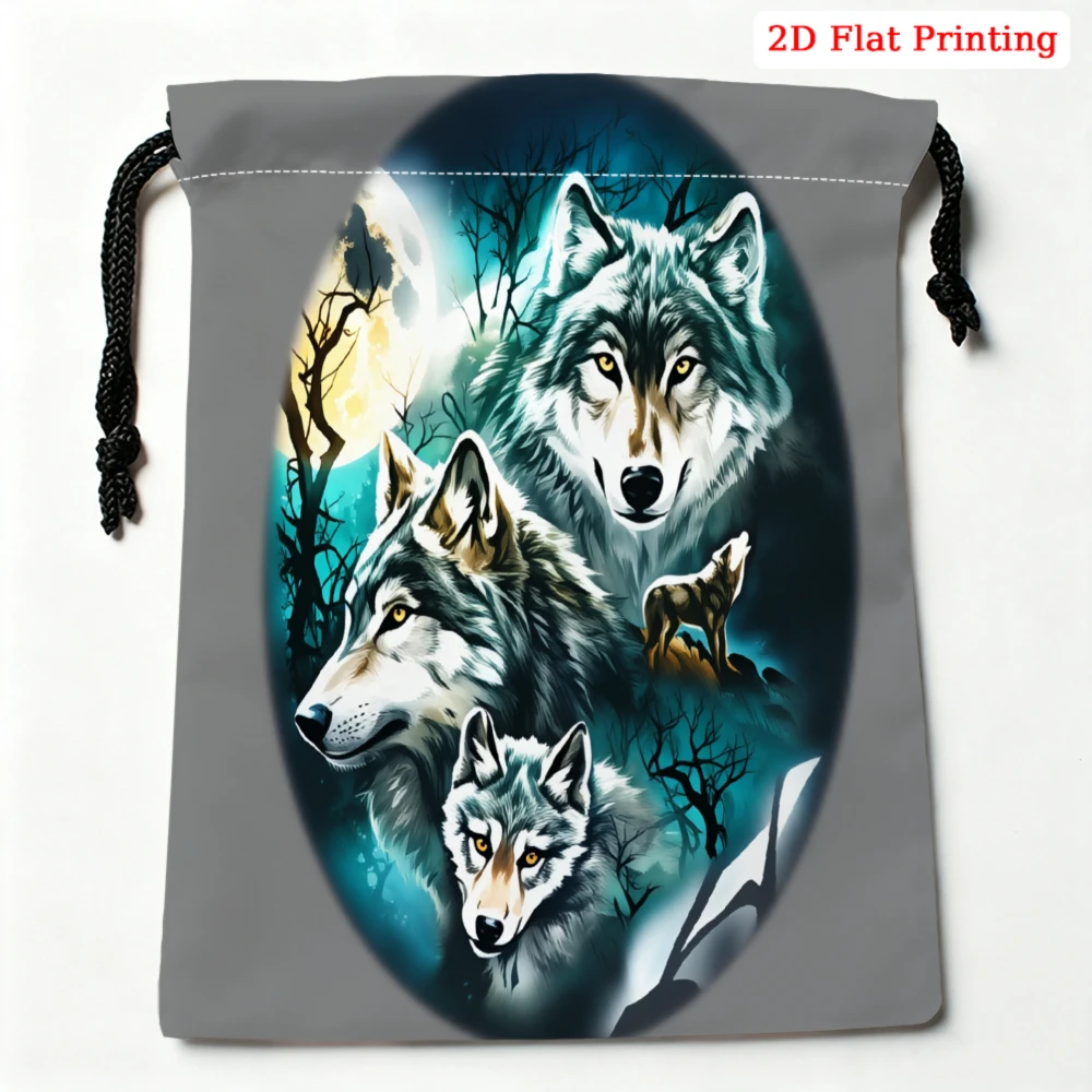 1pc Fashion Drawstring Bag Gray Wolf Pattern Storage Small Pouch For Travel Gym Sports Organizer Portable Lightweight Sack