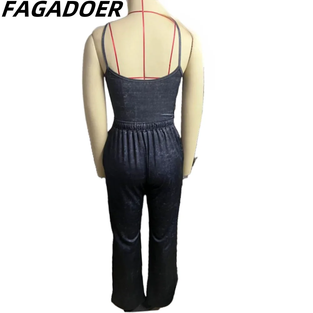 FAGADOER Fashion Streetwear Women Sleeveless Suspenders Tank Top Elastic Waist Wide Leg Pants Two Piece Sets Casual 2pcs Outfits