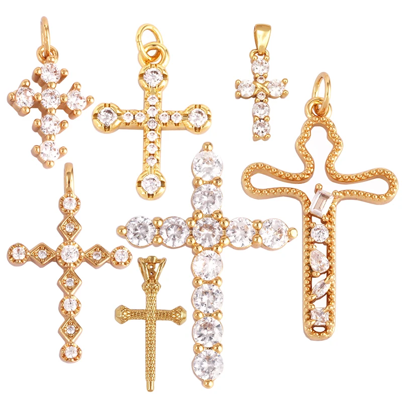 Cross Charm Pendant,18K Real Gold Plated Cubic Zirconia CZ Paved Religours , Jewelry Necklace Bracelet Accessories Supplies L75