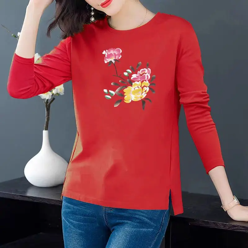 Long Sleeve Tees Shirt Women Tunic Tops Loose Casual Female T Shirt Clothes Split Plus Size Ladies Round collar Graphic Pullover