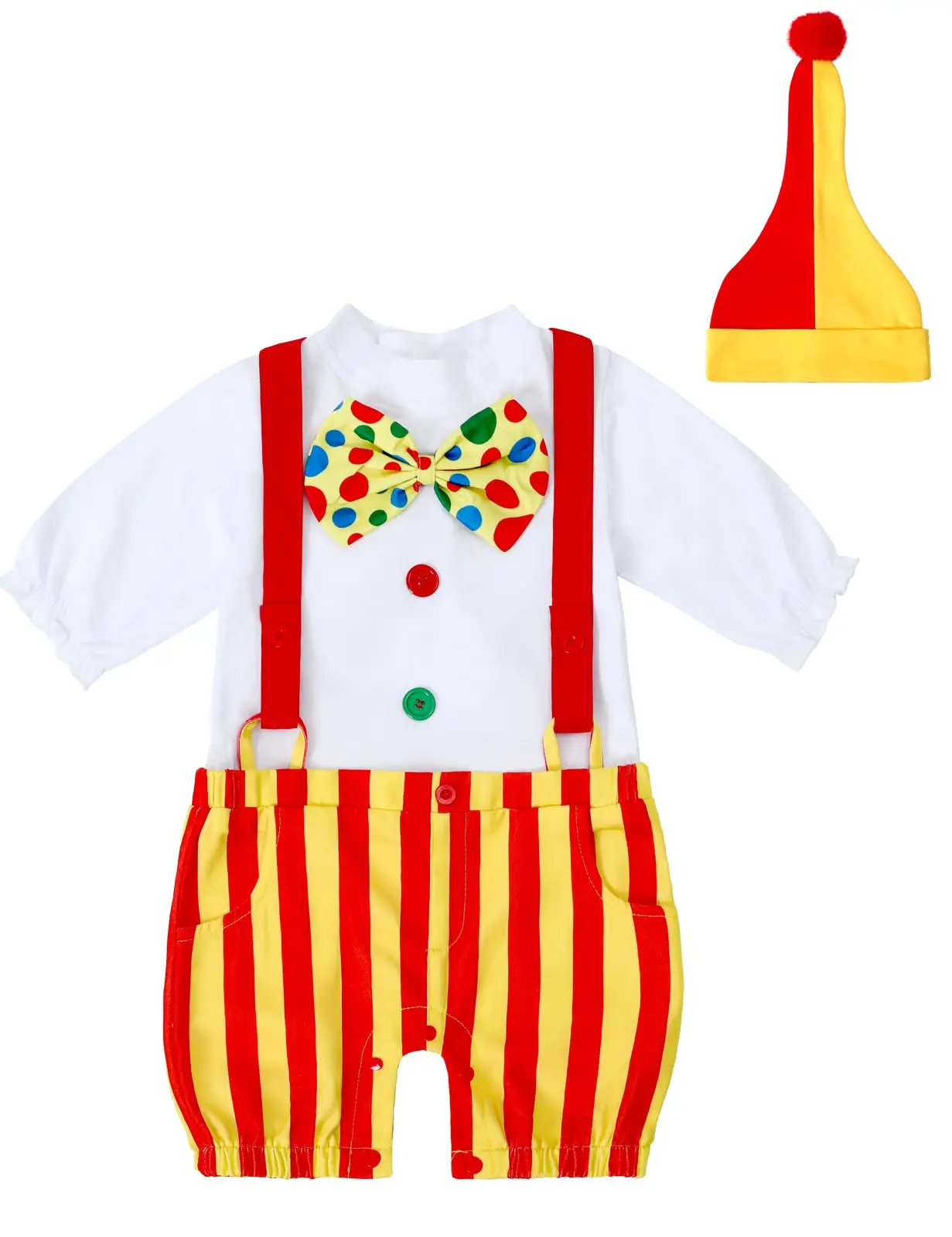 

Baby Clown Costume Boys Girls Circus Jumpsuit Toddler Halloween Cosplay Outfit Sets with Hat