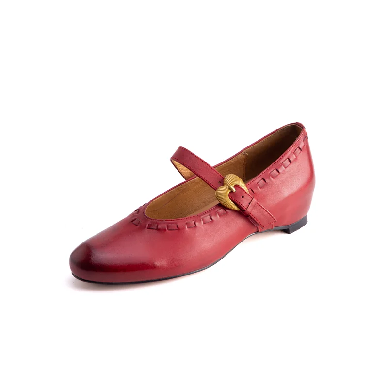 

Woman Shoes Elegant Mary Jane Spring Red Shoes One Strap Sexy Footwear Round Toe Genuine Leather French Style Basic Flats