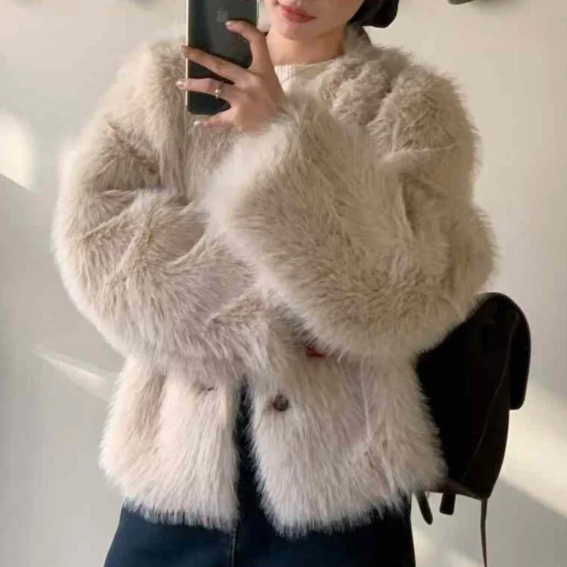 [EWQ] Vintage Two-sided Wear Single Breasted Faux Fur Coat Keep Warm Chic Women Thick Fur Outerwears 2024 Winter New 16O3756