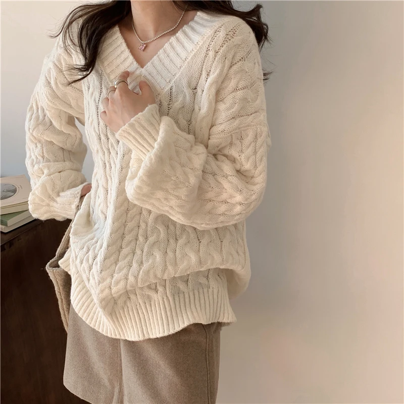 Solid Sweater Women Korean Fashion V Neck Knitted Pullovers Pink Long Sleeve Knitwear Winter Streetwear Casual Jumpers Tops New