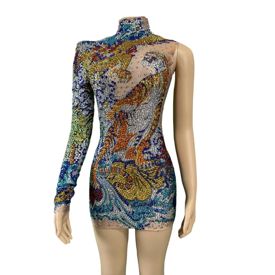 

2025 Luxury Full Rhinestone Women Stunning Long Dress Birthday Party Stage Wear Performance Costume Rave Festival Mini Outfit