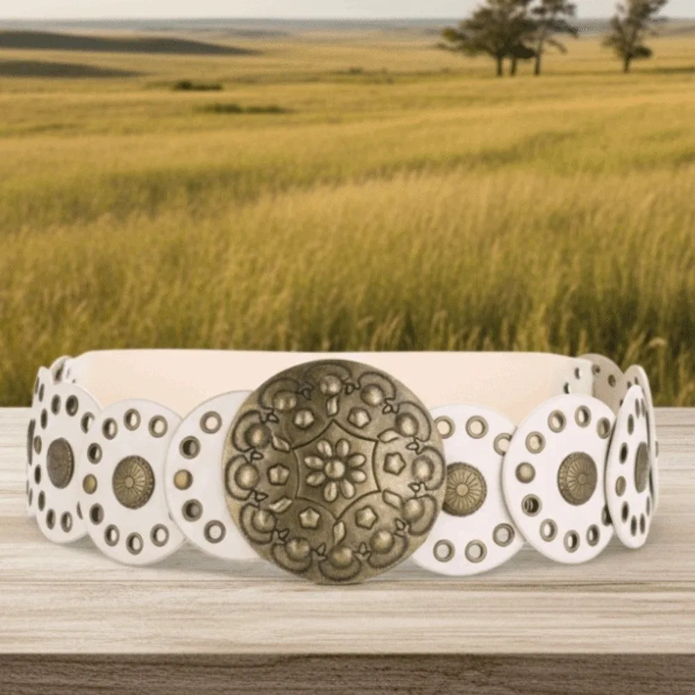 Alloy Ethnic Style Rivet Belt Y2K Strap Buckle Concho Wide Belt Jeans Decor Exaggerated Disc PU Hollow Waistband Cowgirl