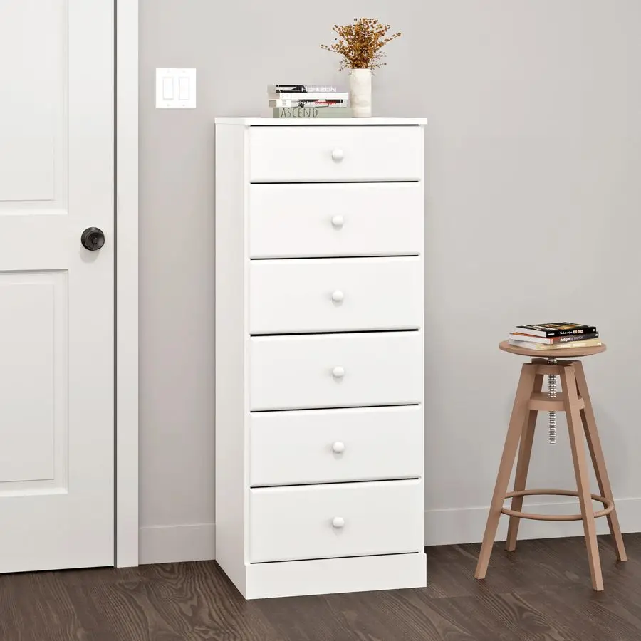 Komoda Astrid Tall White, wymiary: 16,5 cm głębokości x 19,75 cm szerokości x 50 cm wysokości, komoda z 6 szufladami do sypialni od Perfect Chest of Drawers, zapewniająca dużą ilość miejsca do przechowywania.
