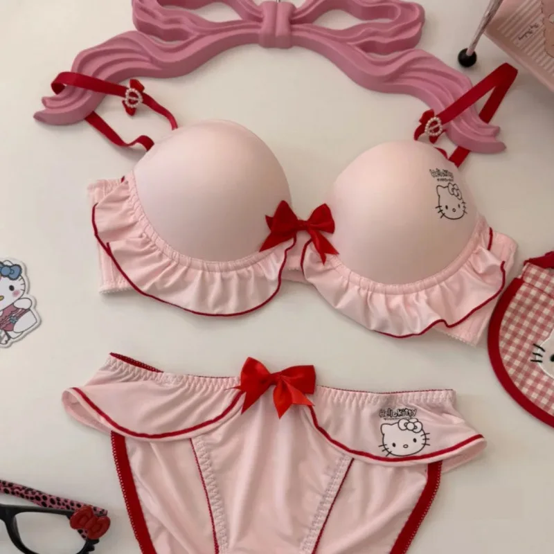 Sanrio Hello Kitty & Kuromi Girls Bra Set, Japanese Style Cute Print, Wireless Breathable Comfort Student Lingerie Set
