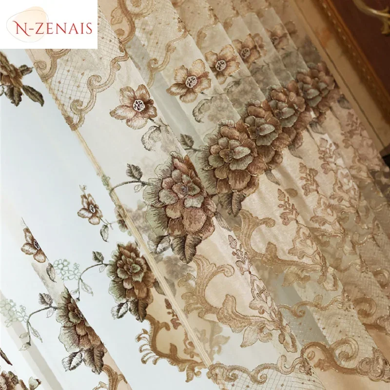 Chenille Valance Tulle Windows Hollow Out Door European Luxury Curtains For Living Dining Room Bedroom Embroidered Beige