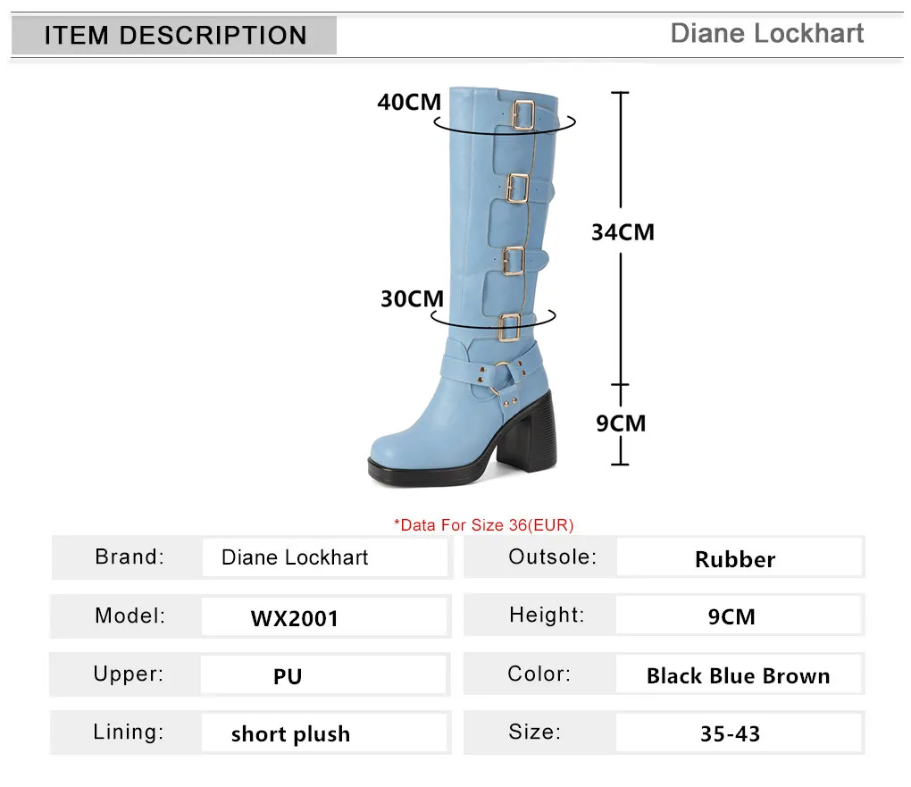 Ladies Motorcycle Booties Punk Style High Heel Shoes Autumn Winter Gothic Platforms Woman Buckle Square Toe Knee-High Boots