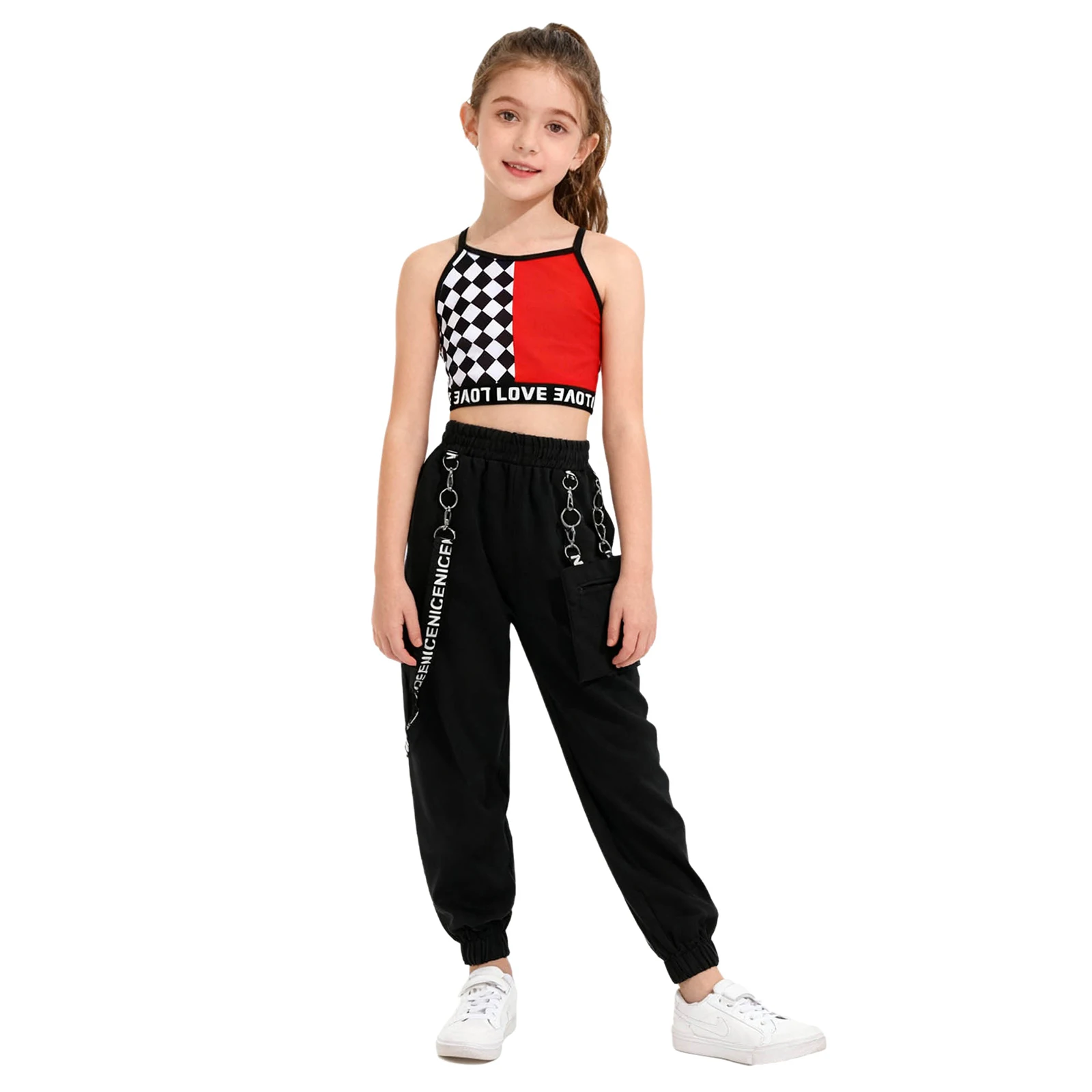 أطفال بنات الهيب هوب الجاز شارع الرقص وتتسابق منقوشة رسالة مطبوعة الدبابات القمم مع سلسلة معدنية Sweatpants Dancewear الرياضية