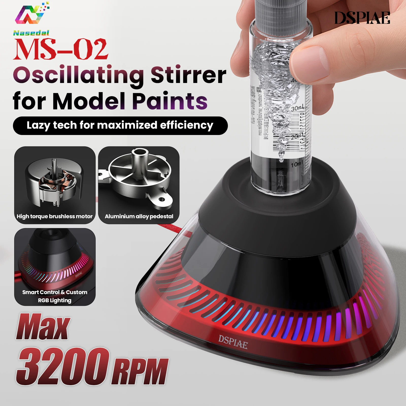 DSPIAE MS-02 Oscillating Stirrer High Torque Brushless Motor 3200 RPM 3 Speed Settings for Gundam Model Paints Fast Mixing Tool