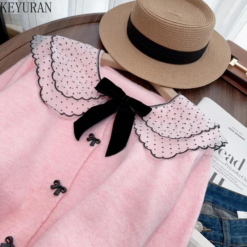 Sweet Bow Peter Pan Collar Sweater Coat Women 2024 Autumn Winter Korean Fashion Long Sleeve Knitted Cardigan Jacket Casual Tops