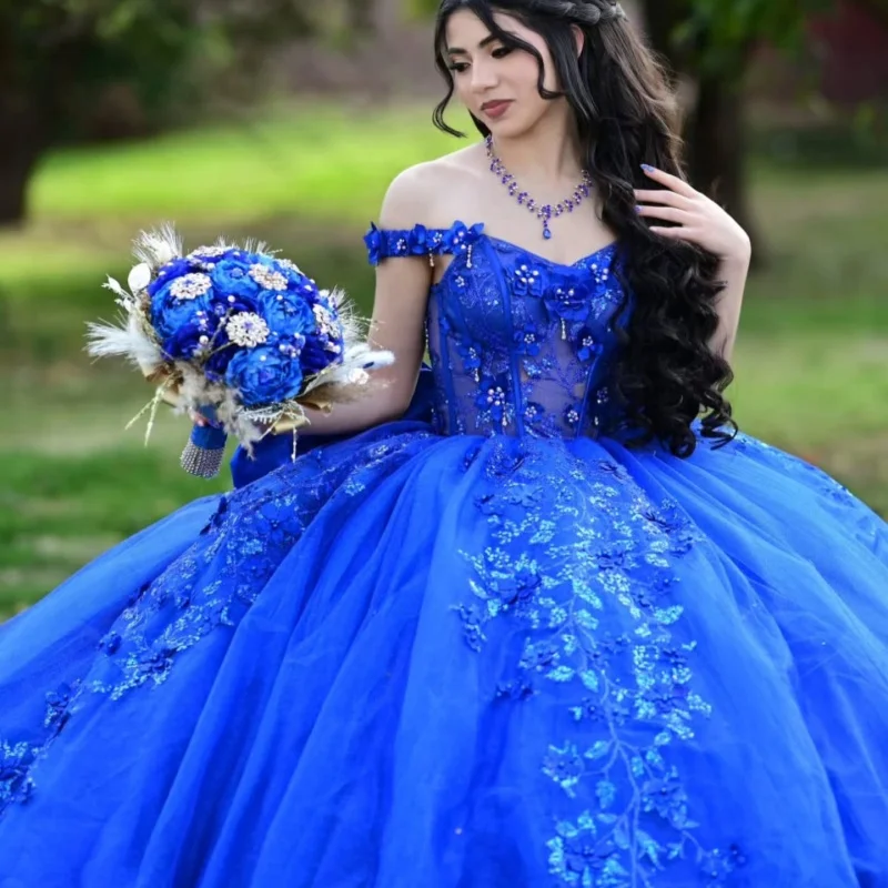 

Royal Blue Quinceanera Dresses Off the Shoulder Glitter Decal Crystal Flower Long tail Bow Vestido De 15 Quinceanera Customize