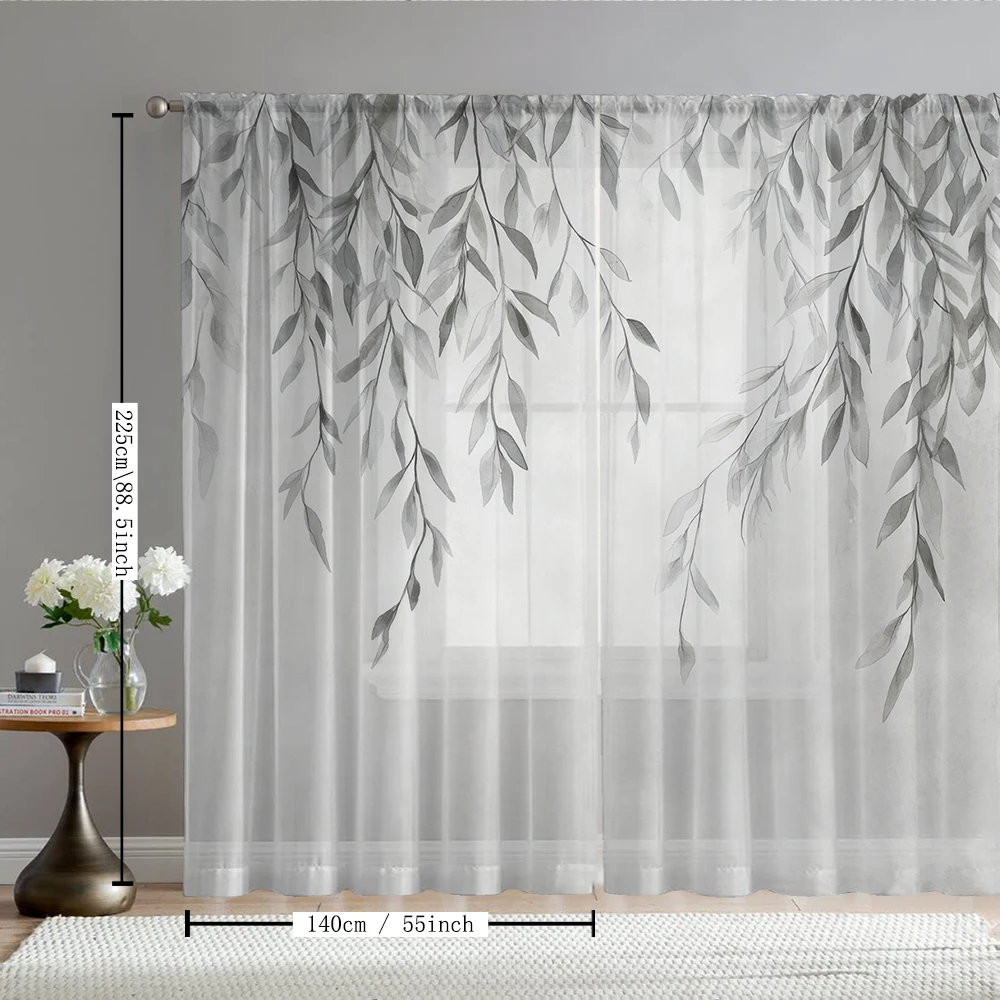 2Pcs Gray Willow Branch And Leaf Print Home Decoration Window Screens Suitable For Coffee Shops, Restaurants, Bedrooms