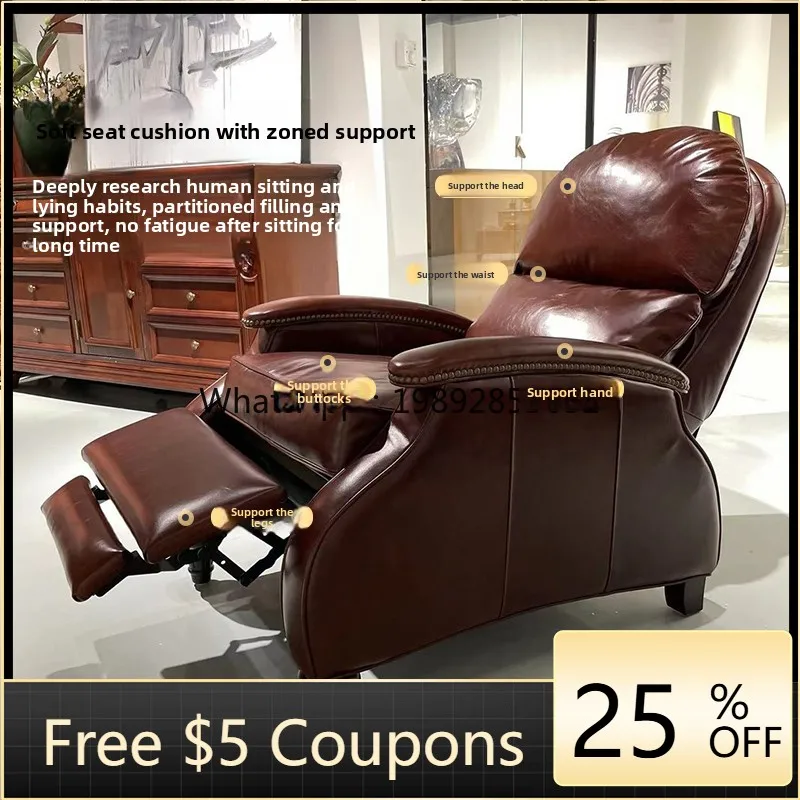 

LYY Genuine Leather Single Sofa Chair for Living Room, Top Layer Cowhide, Multifunctional Retro Style Balcony Leisure Recliner