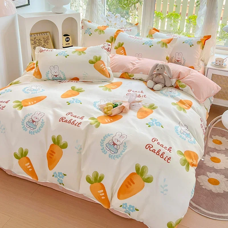 Cute Cartoon Carrot Comforter Cover for Girls Boys Teens Reversible Duvet Covers Queen Size 3 Pcs, Rabbit Printed Bedroom Decor