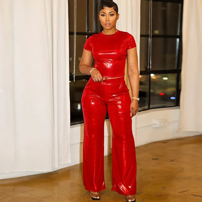 Y2K Metallic New in Matching Sets Woman 2 Piece Set Outfit Birthday Club Party Short Sleeve T-shirt Top and Wide Leg Pants Set
