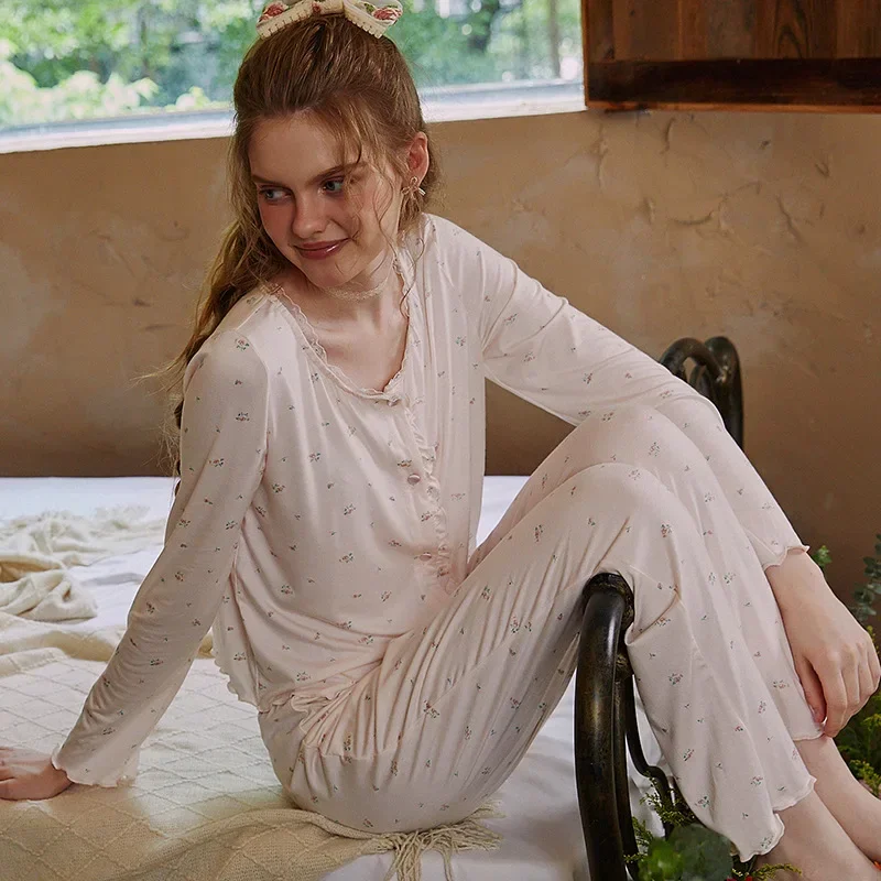 Vintage Print Pajama Sets Autumn Women Sweet Tops Pants Loungewear Fairy Modal Loose Lace Pajamas Princess Sleepwear Nightwear image 3