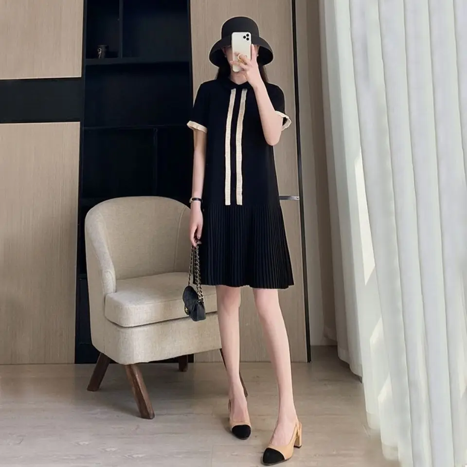 Black Dress Women\'s Summer 2023 New Fashion Loose Collar Short Sleeve Straight Tube Dress Ruffled Mid Length Dress