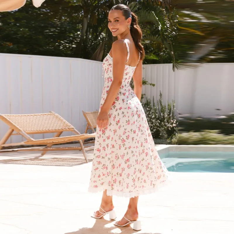 Abito da donna in pizzo stile francese - Abito lungo sexy con spacco aderente con scollo a V e ritagli laterali e accento in vita