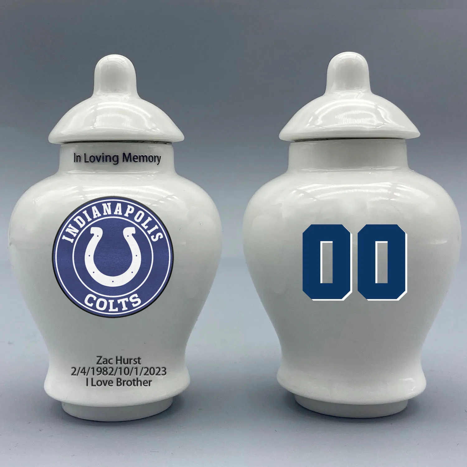 

Mini Urn for Indianapolis Colts-themed Logo Urn.Please send me the customization information - name/date and number on the urn