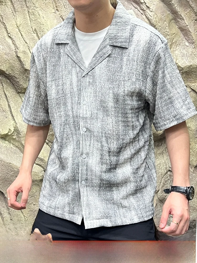 

Retro Tie Dye Crtsmanip Textured Embroidery Cuban Collar Summer ort Sve irt Masterfully Pleated Ele Personali