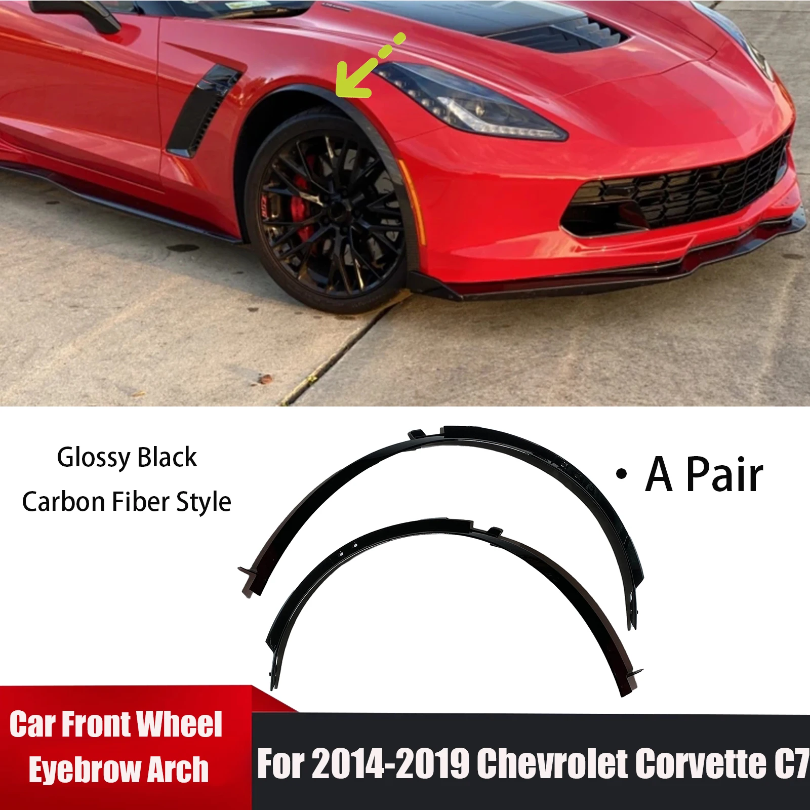 

For Chevrolet Corvette C7 2014-2019 All Model 2Pcs Car Front Wheel Eyebrow Glossy Black Carbon Fiber Style Fender Accessories