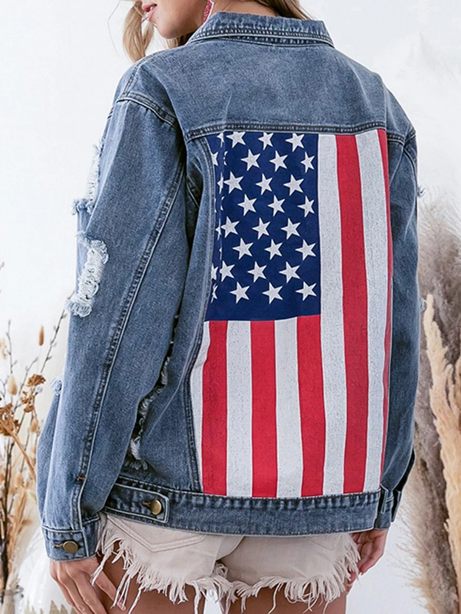 Women s Lapel Collar Denim Jacket Long Sleeve Flag Print Button Down Boyfriend Jean Jacket Biker Coat