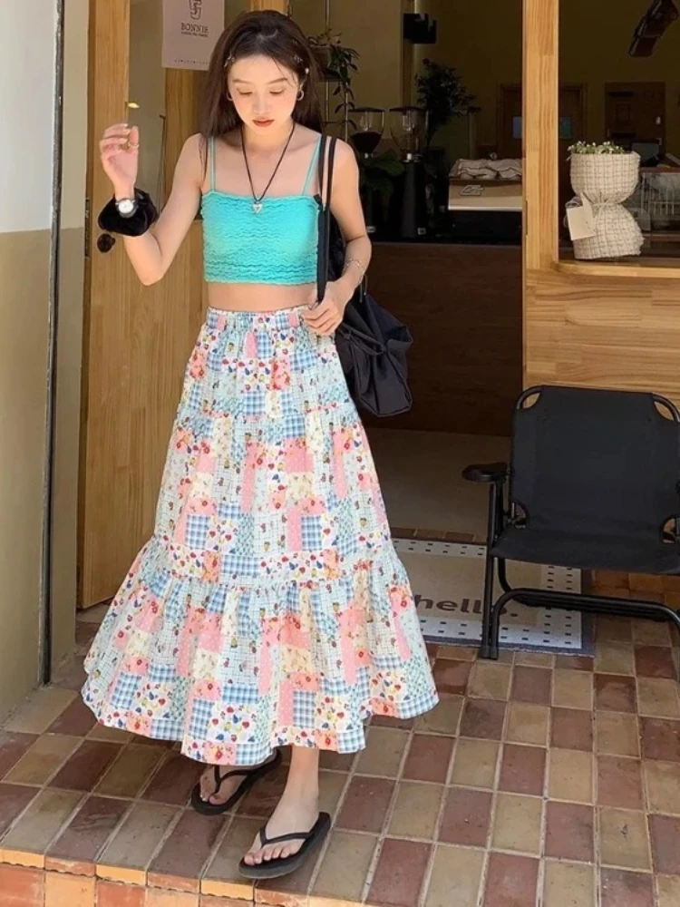 

Винтажная лоскутная юбка Harajuku для женщин, лето 2021, новые юбки с высокой талией и цветочным принтом Y2k, высокая талия, средней длины, Faldas Mujer