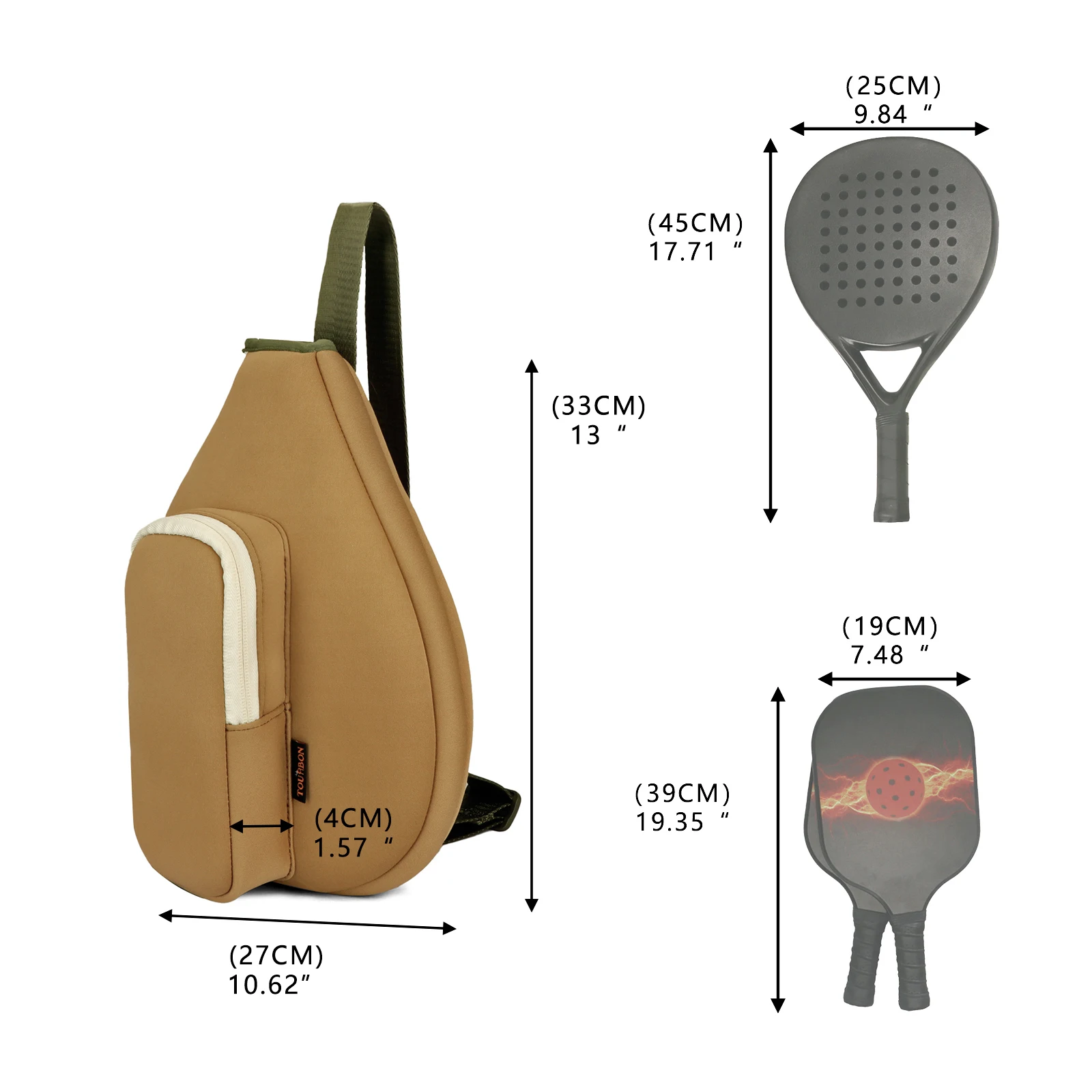 Tourbon Bolsa de pádel neopreno caqui cruzada ligera, correa ajustable - imagen 3