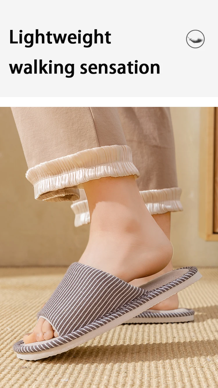 Herren Rutschfeste Leinen-Hausschuhe für Frühling und Sommer, Atmungsaktive Innenraumschuhe mit Offener Zehenpartie und Rutschfestem Streifendesign – Detail 4