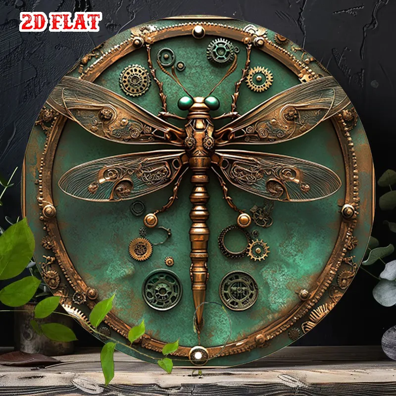 Steampunk Dragonfly Metal Wall Art, Teal Green & Bronze Gear Decor, Lightweight Aluminum Sign for Home Garage