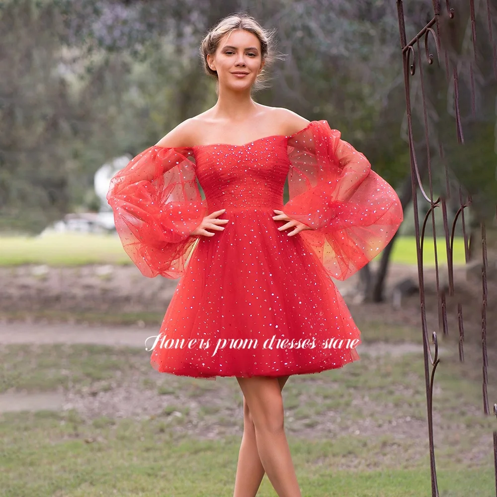 

Flowers Mini Prom Gowns Off Shoulder Party Gowns A Line Evening Gown for Princess vestidos de fiesta Customized