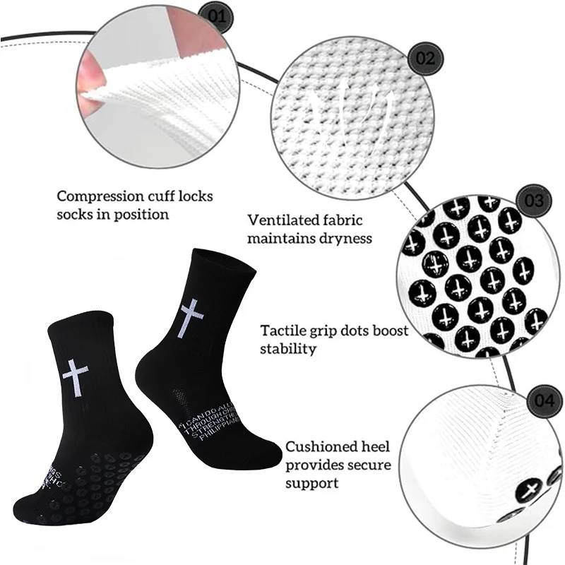 4 Pasang Kaus Kaki Kristen Kaus Kaki Doa Kaus Kaki Yesus, Kaus Kaki Sepak Bola Cross Grip - Kaus Kaki Olahraga Anti-Slip dengan Alkitab