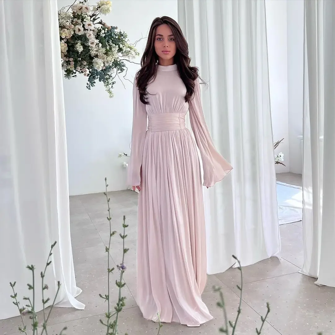 2024 New Solid Color Satin Maxi Pleated Plastic Wedding Dress Women Elegant O-Neck Waist Party Long Dress Women
