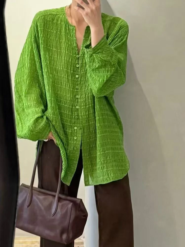 Women Spring Autumn Round Collar Grass Green Bubble Satin Textured Loose Fit Outerwear Elegant Casual Ladies Coat